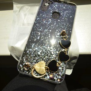Gorgeous Black/Sparkle Phone Case With Heart Strap